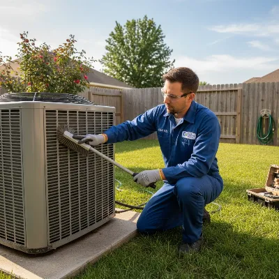 Technician cleaning the outdoor condenser unit of an air conditioner during a maintenance check.