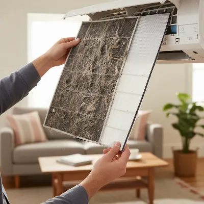 A homeowner replacing a dirty air filter in an air conditioner unit, highlighting dust and grime