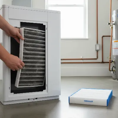 Homeowner replacing a dirty air conditioner filter in a residential HVAC unit.