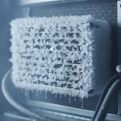 A close-up view of a frozen evaporator coil inside an air handler unit, covered in thick ice
