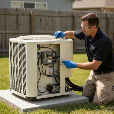 Technician inspecting a noisy air conditioner unit for troubleshooting