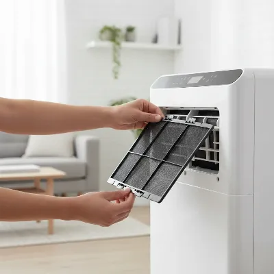 A person cleaning the air filter of a window air conditioner for efficient use and energy saving.