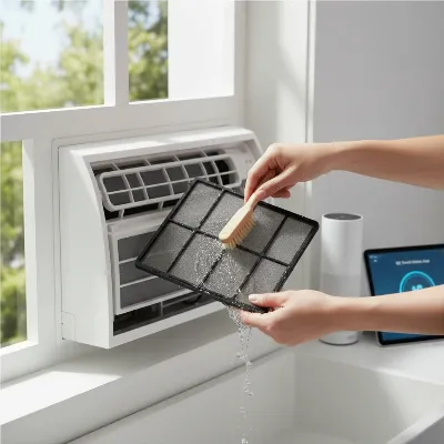 A person cleaning the filter of a GE Profile Smart Window Air Conditioner with smart home elements in the background