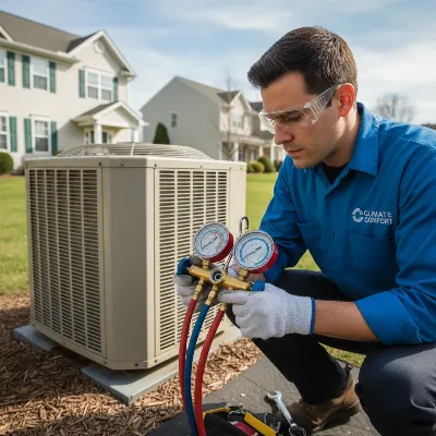 An HVAC technician in safety gear diagnosing an outdoor air conditioning unit with gauges