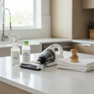 Tools for cleaning a smelly air conditioner filter, including vacuum, brush, spray bottle, and towels