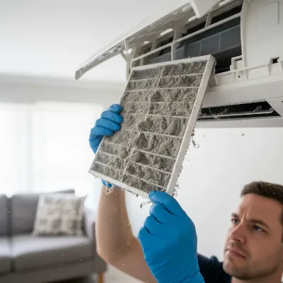 Person cleaning a dirty air conditioner filter and outdoor condenser coils
