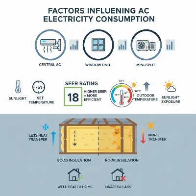 Factors affecting air conditioner electricity usage: unit type, SEER rating, weather, and home insulation