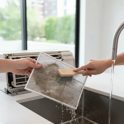 A person cleaning the washable filter of a Frigidaire window air conditioner, emphasizing regular maintenance for efficiency in a brightly lit home environment.