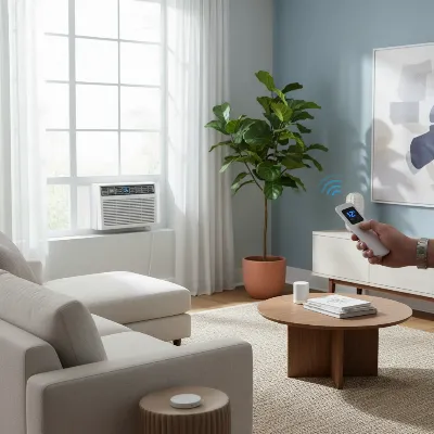 A Frigidaire window air conditioner highlighting its modern features like Wi-Fi symbol, remote control, and a clean display in a contemporary living room setting.