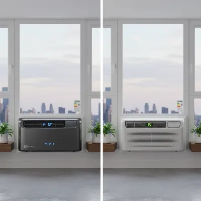 A side-by-side comparison of two modern smart window air conditioners, highlighting design and smart features