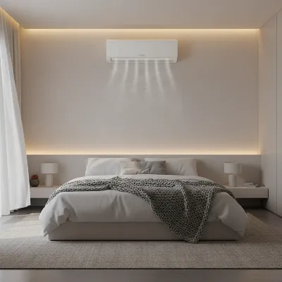 Ductless mini-split air conditioner quietly cooling a modern bedroom with soft lighting, illustrating peaceful comfort