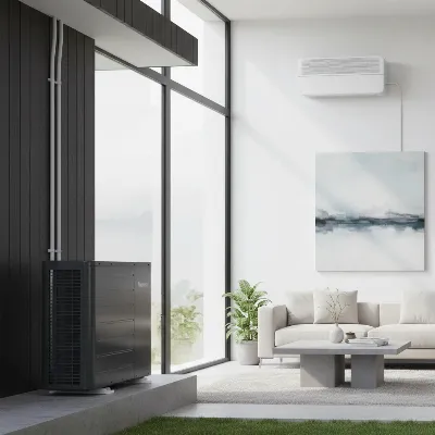 Ductless mini split outdoor and indoor unit installed on a modern home exterior.