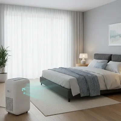 A sleek portable air conditioner operating quietly in a modern bedroom, providing cool air for a restful night