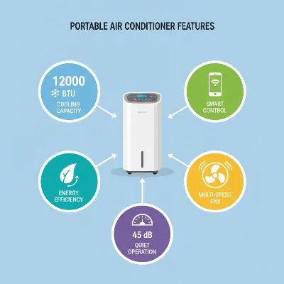 Infographic showing key features of portable air conditioners like BTU, smart control, and energy efficiency