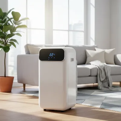 Modern portable air conditioner in a stylish living room, illustrating flexible cooling