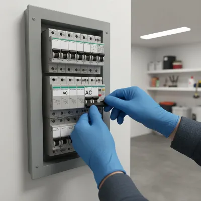 Hands turning off a main electrical panel circuit breaker for an air conditioner unit