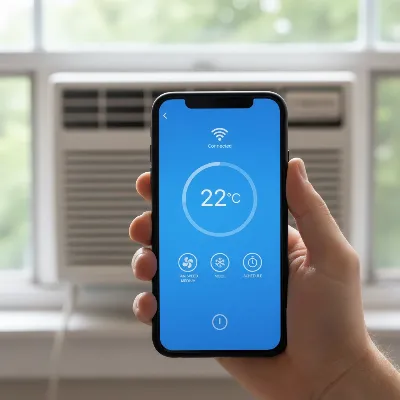 A hand holding a smartphone controlling a smart WiFi window air conditioner via an app.