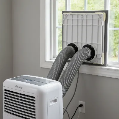 Detailed close-up of the Whynter ARC-14S's dual hose connections at the back of the unit and the window kit, demonstrating proper installation. 