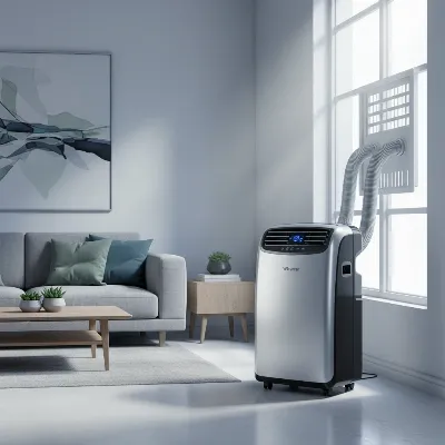A Whynter dual hose portable air conditioner operating in a modern living room with a window kit installed, showing hoses extending to the window.