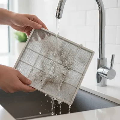 A person carefully cleaning a dirty window air conditioner filter under running water to remove dust and debris