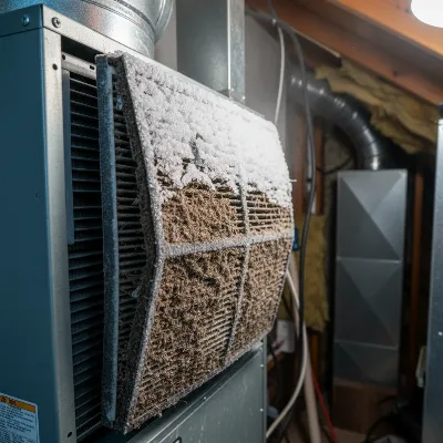 Frozen evaporator coils on an air conditioner with a visibly dirty air filter in the foreground, highlighting restricted airflow leading to ice buildup