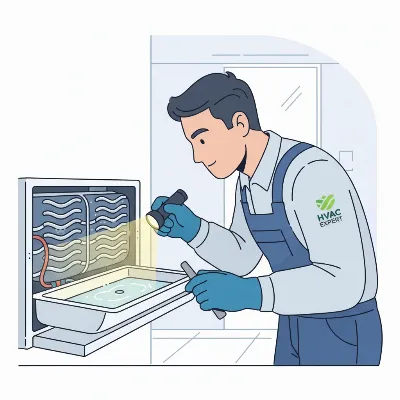 An HVAC technician performing maintenance on an indoor air conditioner unit, checking components and cleaning parts