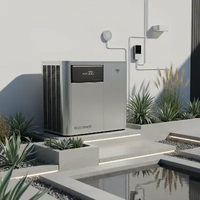Modern energy efficient air conditioner unit outside a smart home