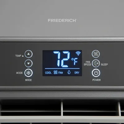 A close-up of a Friedrich Chill Premier Air Conditioner's digital display and control panel, highlighting features like Wi-Fi, fan speed, and temperature settings with clear icons.