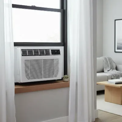 A sleek Friedrich Chill Premier Air Conditioner installed in a modern window, showing its compact design and integrated controls. The unit is white with a dark display, blending seamlessly into a contemporary room.
