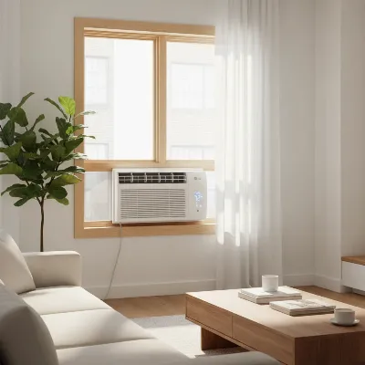 A sleek LG Dual Inverter Window Air Conditioner installed in a modern home window, showcasing its minimalist design and quiet operation in a sunlit room.