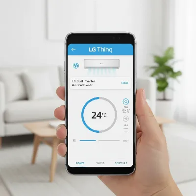A smartphone screen displaying the LG ThinQ app interface, showing controls for an LG Dual Inverter Air Conditioner, with a hand holding the phone.